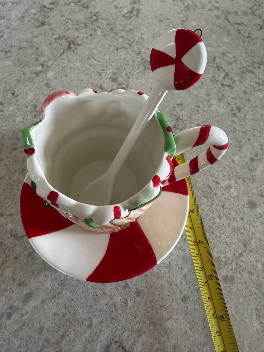 Corner Ruby holiday Christmas candy cane peppermint tea cup set - saucer & spoon